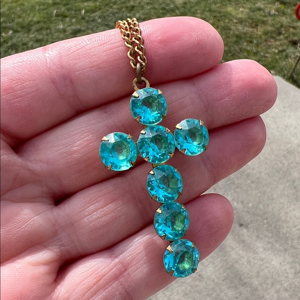 Antique Victorian Religious Aqua Blue Seafoam Paste Gem Gold Gilt Cross Necklace - Picture 9 of 9